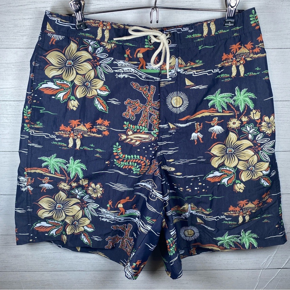 Polo Sport Ralph Lauren swim trunks Hawaiian Blue Orange Board Shorts Tropical L
